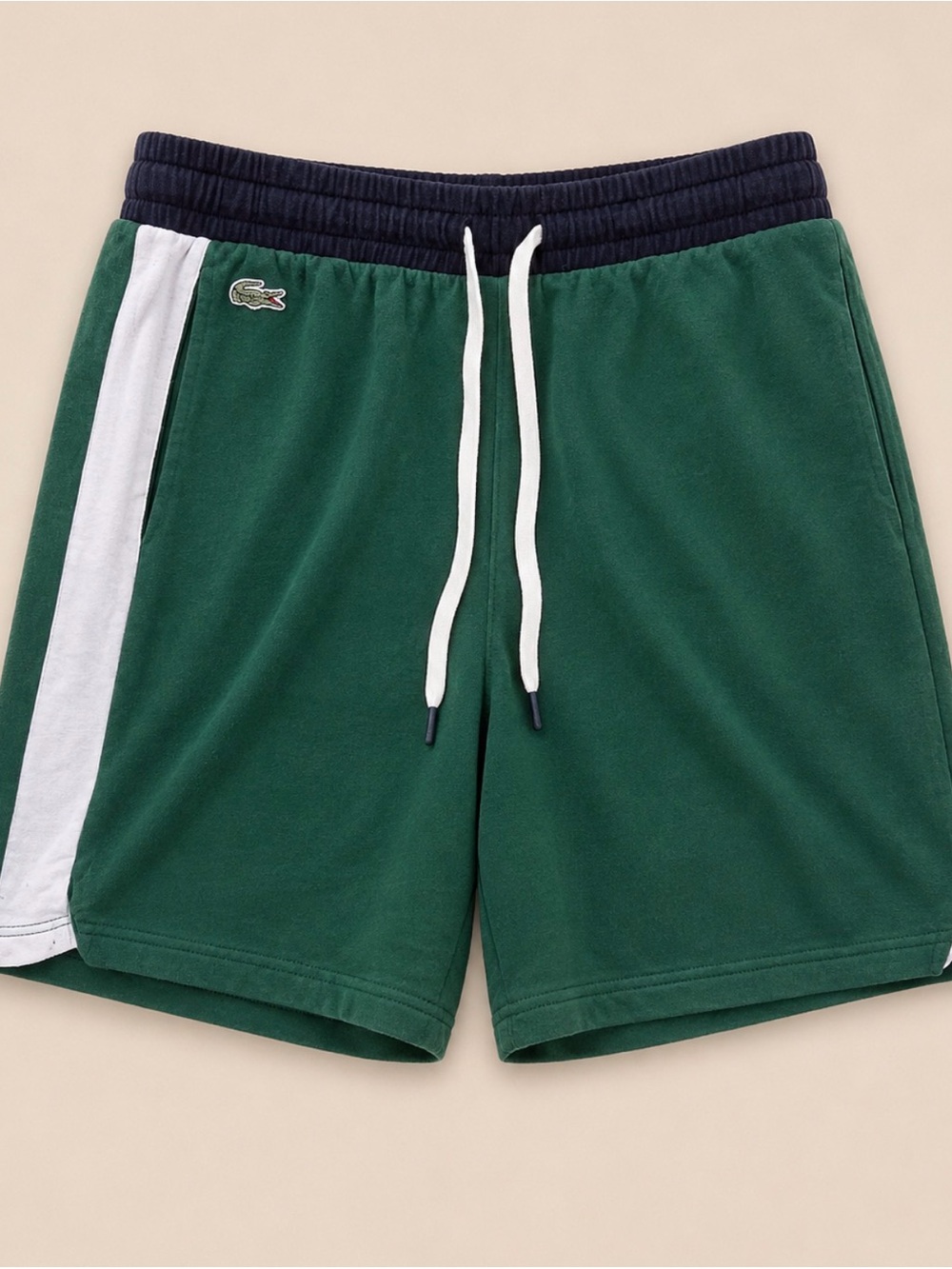 Lacoste Green Athletic Shorts with Navy Waistband and White Stripe